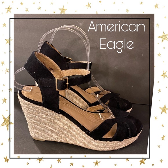 American Eagle Black Suede Espadrille Wedges 8.5